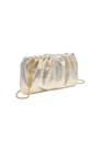 A metallic gold clutch bag with a gathered, pleated texture and a thin gold chain strap, shown on a plain white background.
