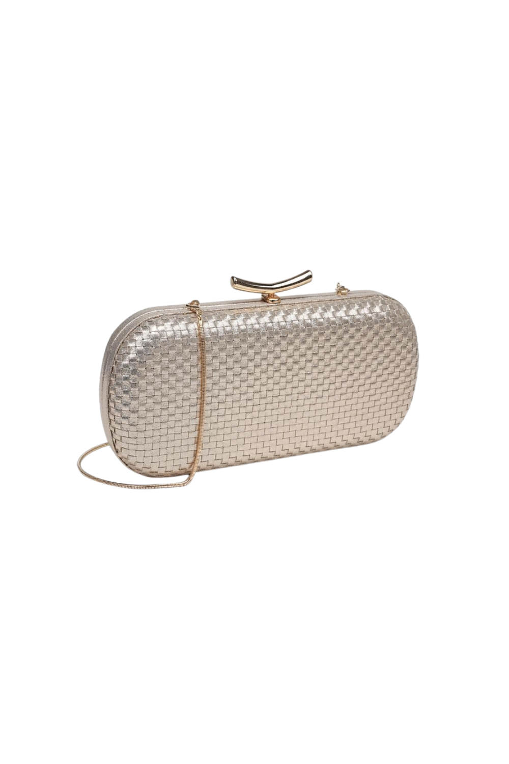 A metallic woven clutch bag with a gold-tone metal handle and a thin gold chain strap, shown against a plain white background.