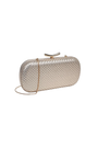 A metallic woven clutch bag with a gold-tone metal handle and a thin gold chain strap, shown against a plain white background.