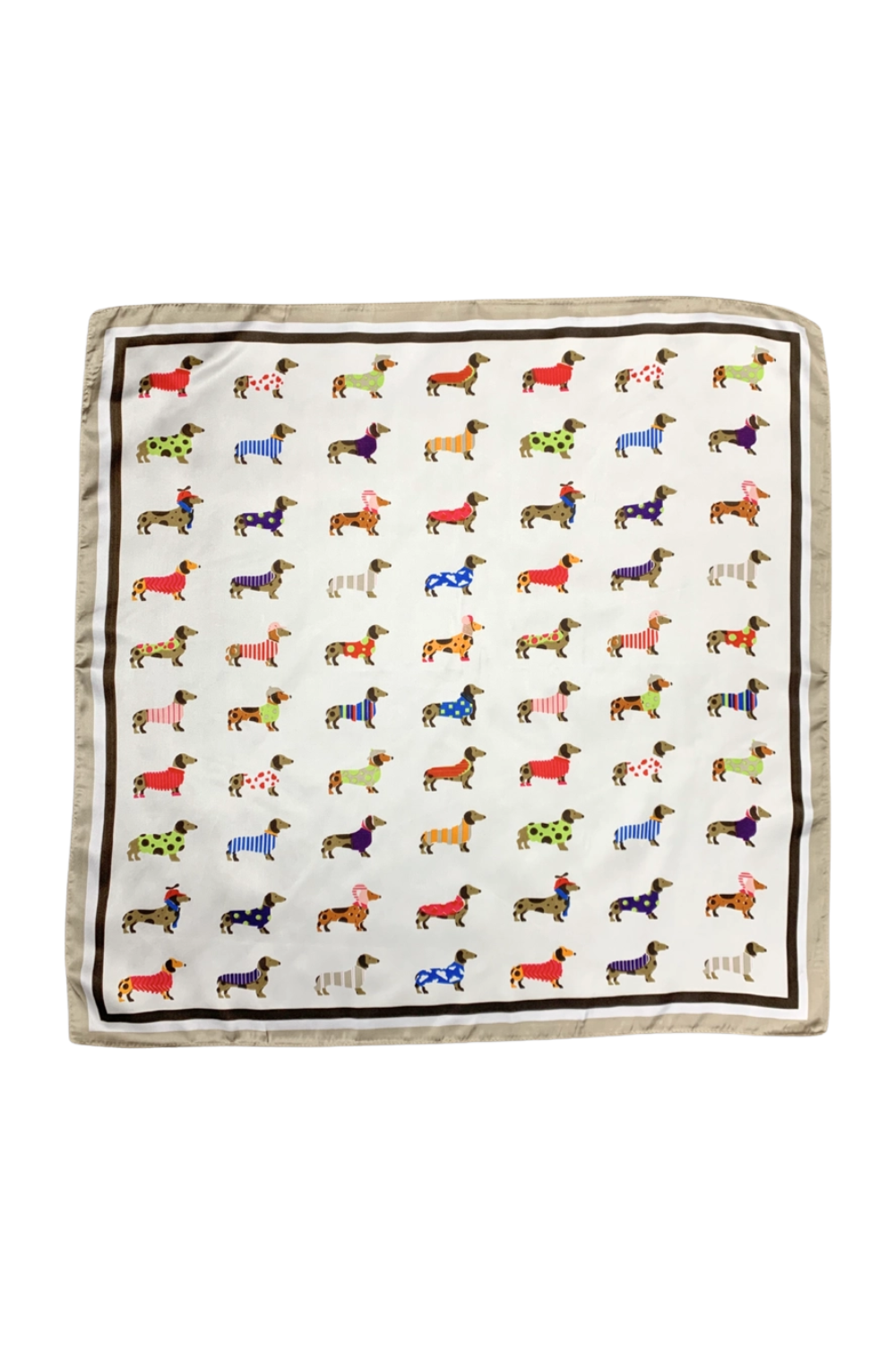 A square scarf featuring a grid pattern of dachshund dogs wearing colorful sweaters, bordered by a dark brown inner frame and a beige outer border, shown against a plain white background.