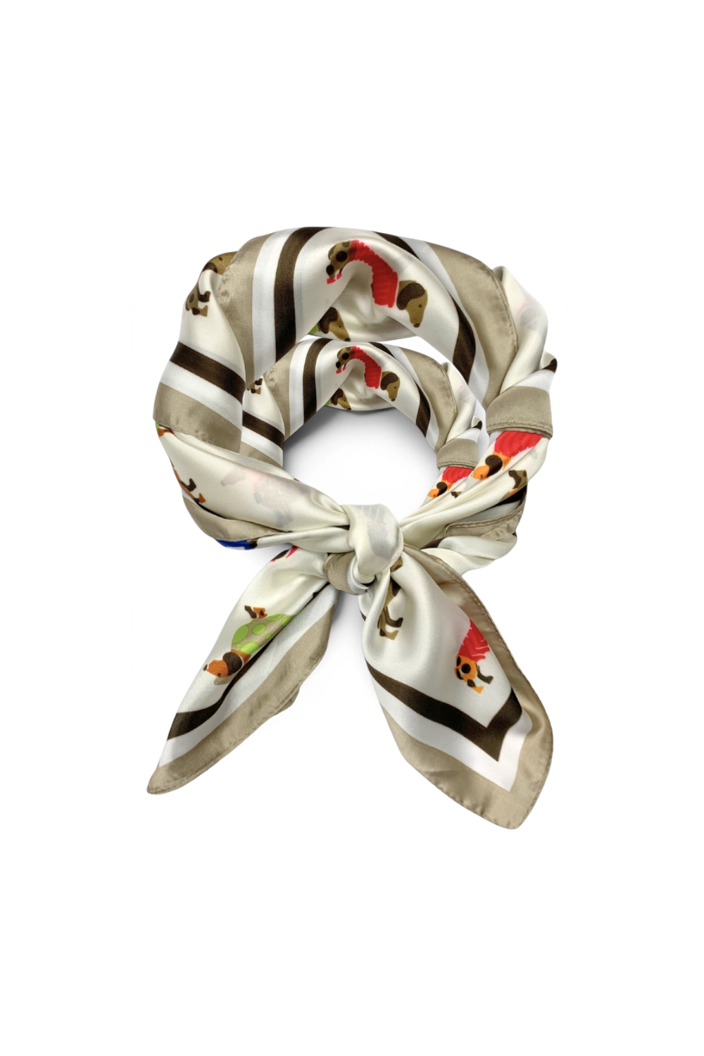 A square silk scarf with a striped and illustrated pattern, tied in a knot and displayed on a clean white background.
