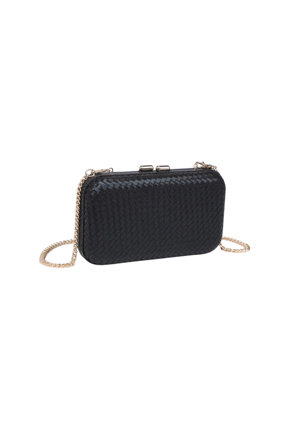A black woven clutch bag with a gold-tone chain strap and clasp closure, shown against a plain white background.