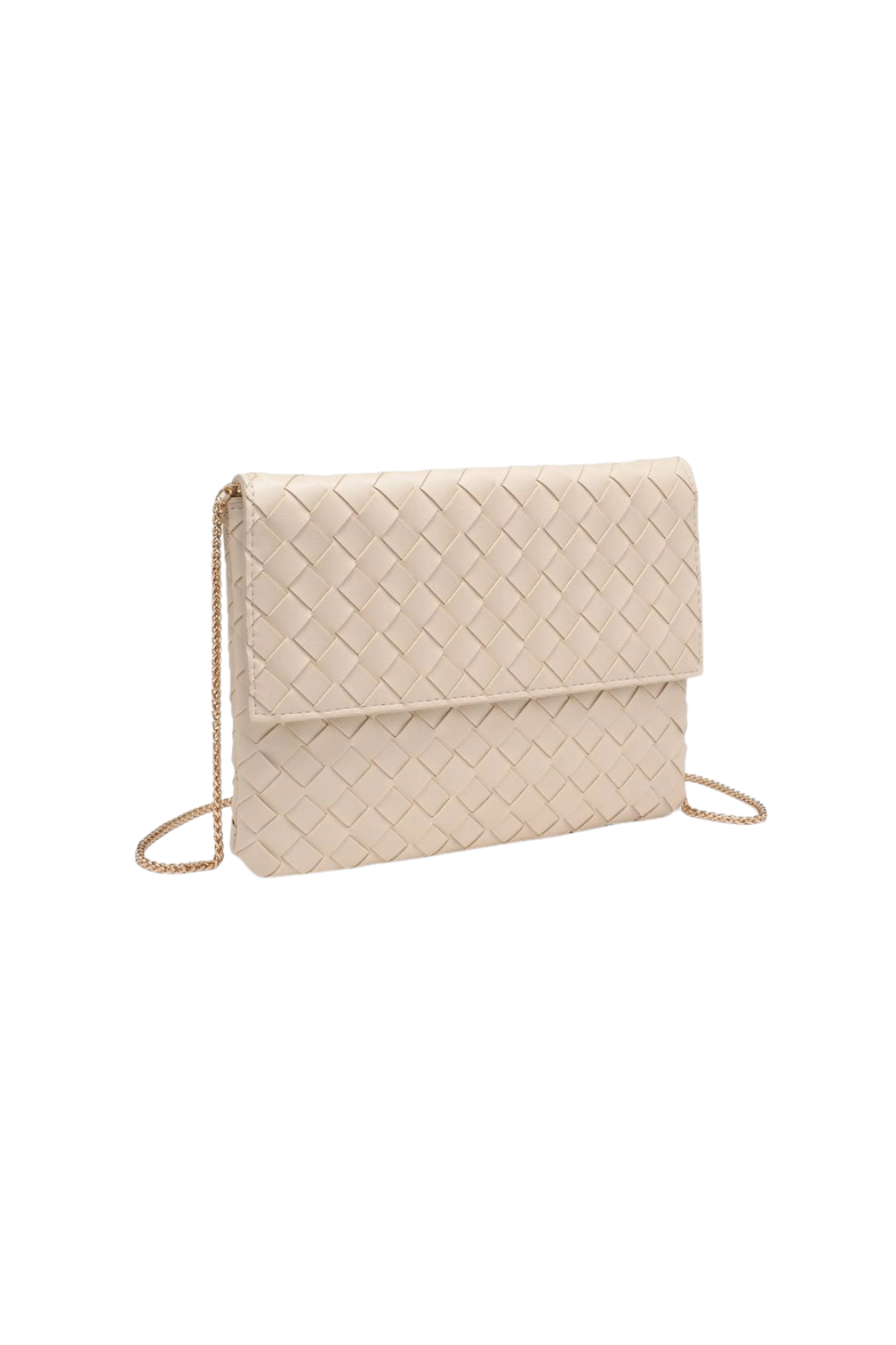 A light beige woven leather clutch bag with a gold chain strap, displayed on a clean white background.