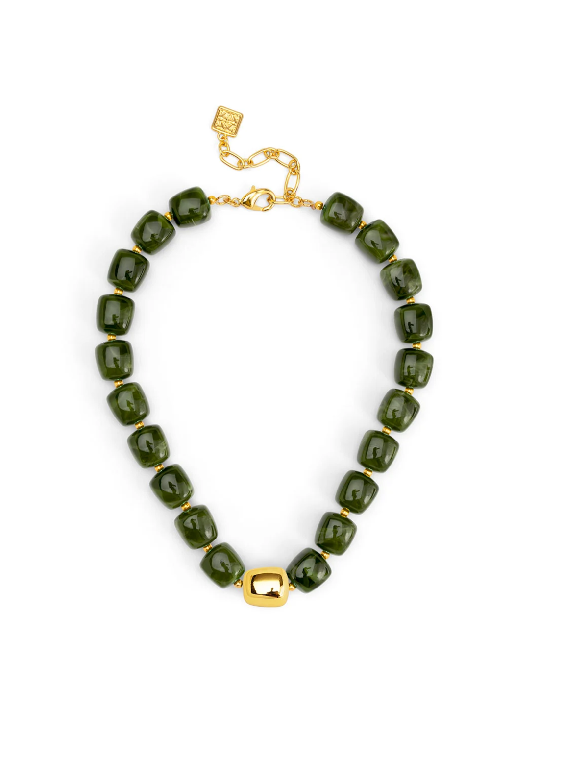 The Tessa Puffy Square Necklace - Emerald with faceted olive green square beads and polished gold chain accents for a chic sophisticated look