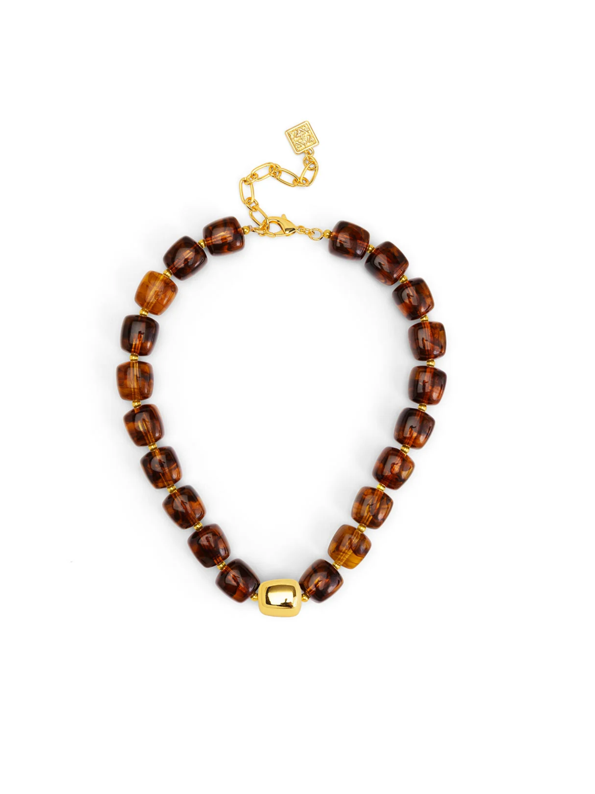 The Tessa Puffy Square Necklace - Tortoise featuring graduated tortoiseshell beads and gold tone chain with a square clasp on a white background
