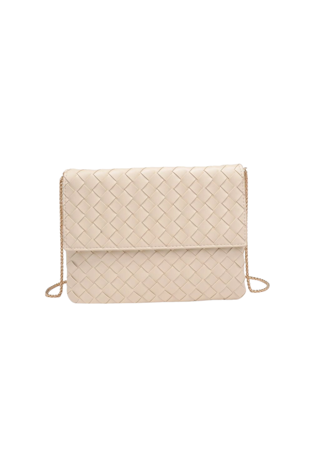 A woven leather clutch bag in a light cream color with a gold chain strap, shown against a plain white background.
