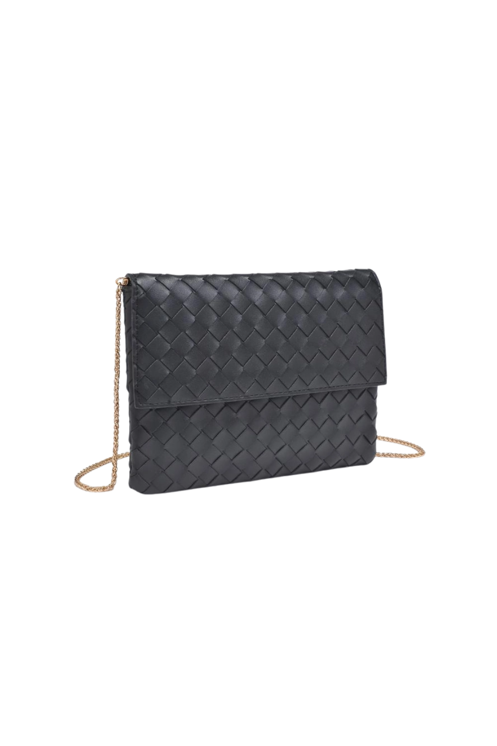 A black woven leather clutch bag with a gold chain strap, displayed on a clean white background.