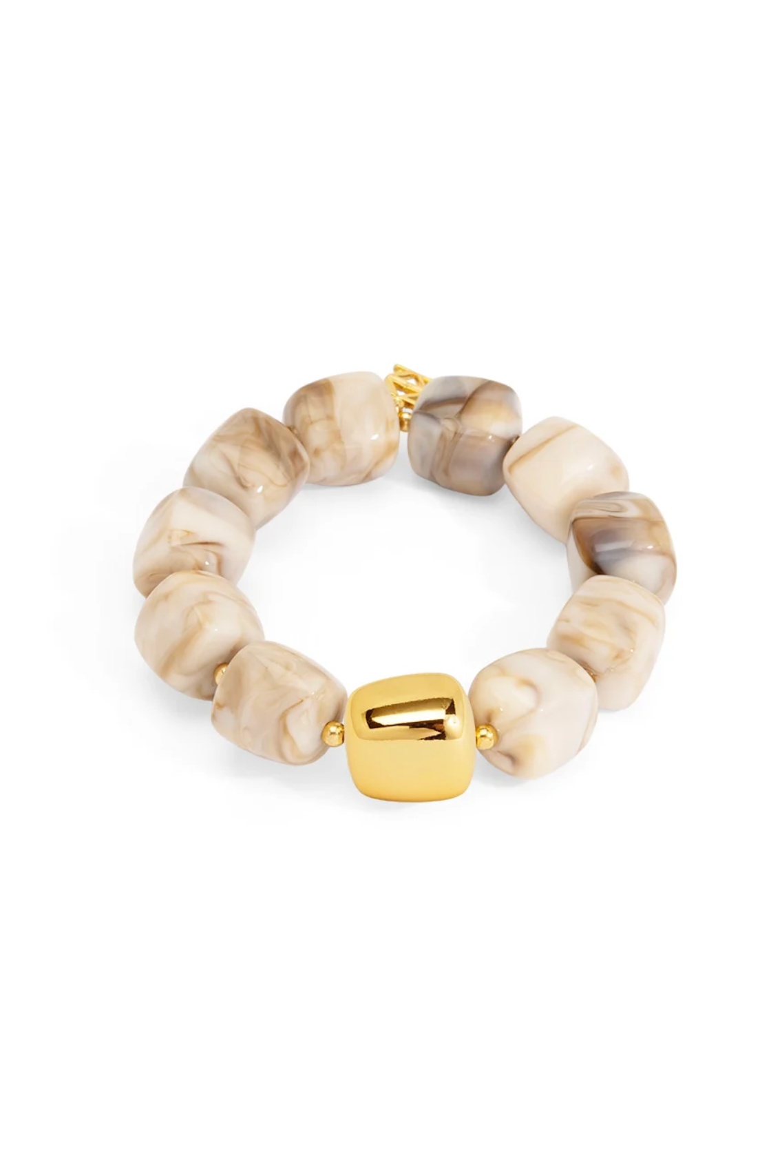 The Tessa Puffy Square Stretch Bracelet - Beige with chunky cream square beads and a polished gold clasp for chic timeless style
