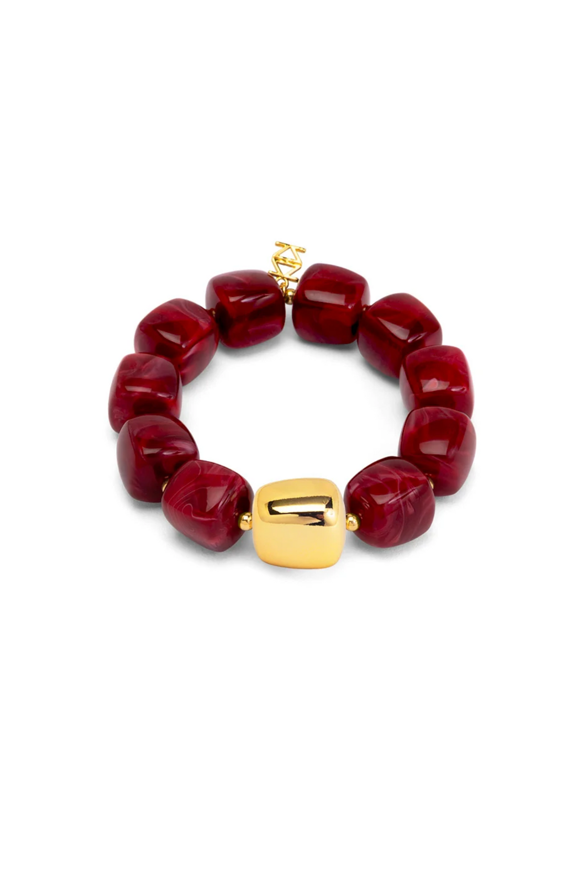 The Tessa Puffy Square Stretch Bracelet - Red with glossy red puffy square beads and a gold tone clasp for chic womens accessories and jewelry