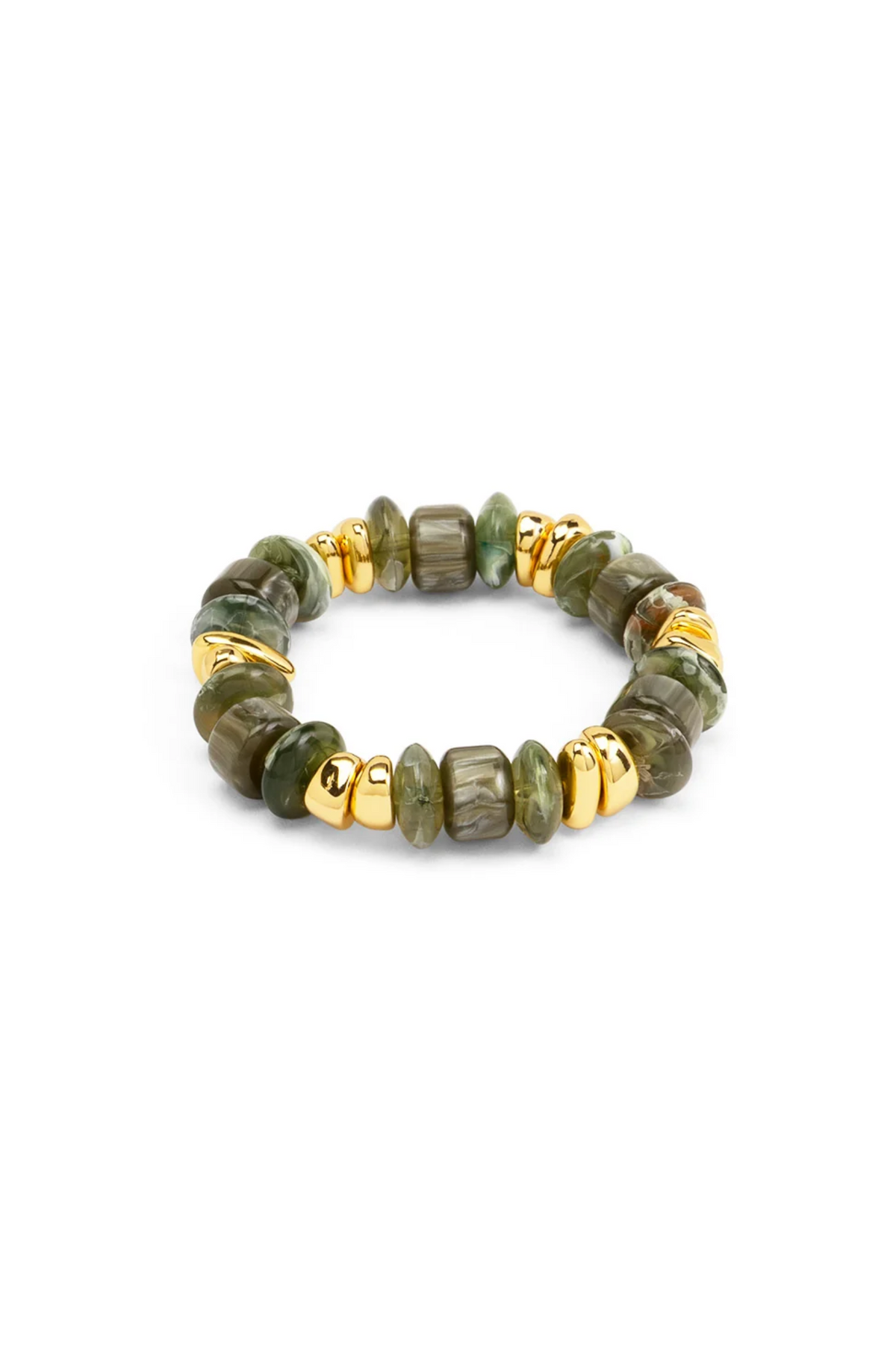 The Delaney Stretch Bracelet - Green with olive green and gray beads accented by polished gold tone charms for a chic timeless look