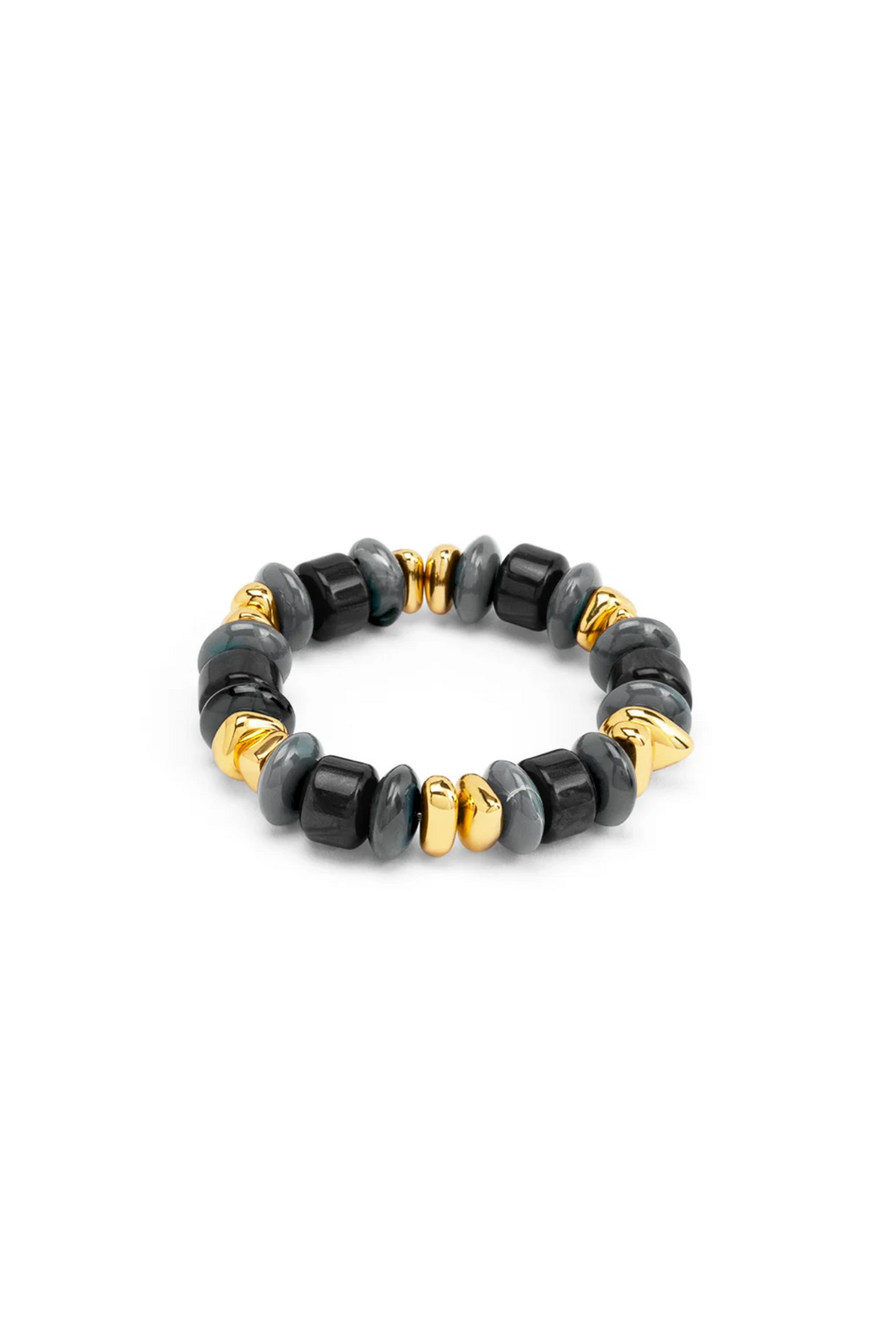 The Delaney Stretch Bracelet - Black with glossy black beads and gold accents, displayed on a clean white background for a chic, timeless look
