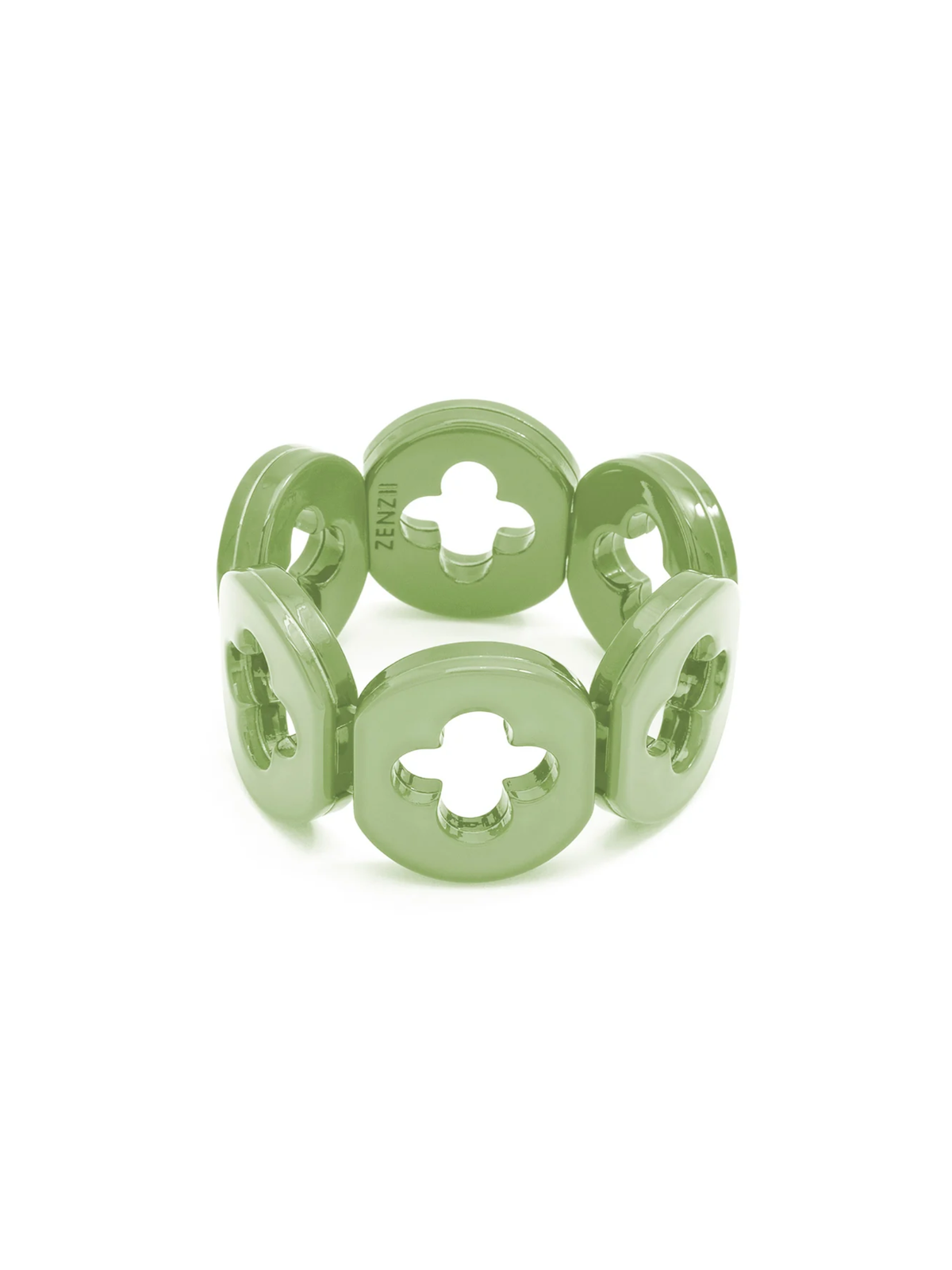 A light green stretch bracelet composed of circular links with a central clover cutout, shown on a plain white background.