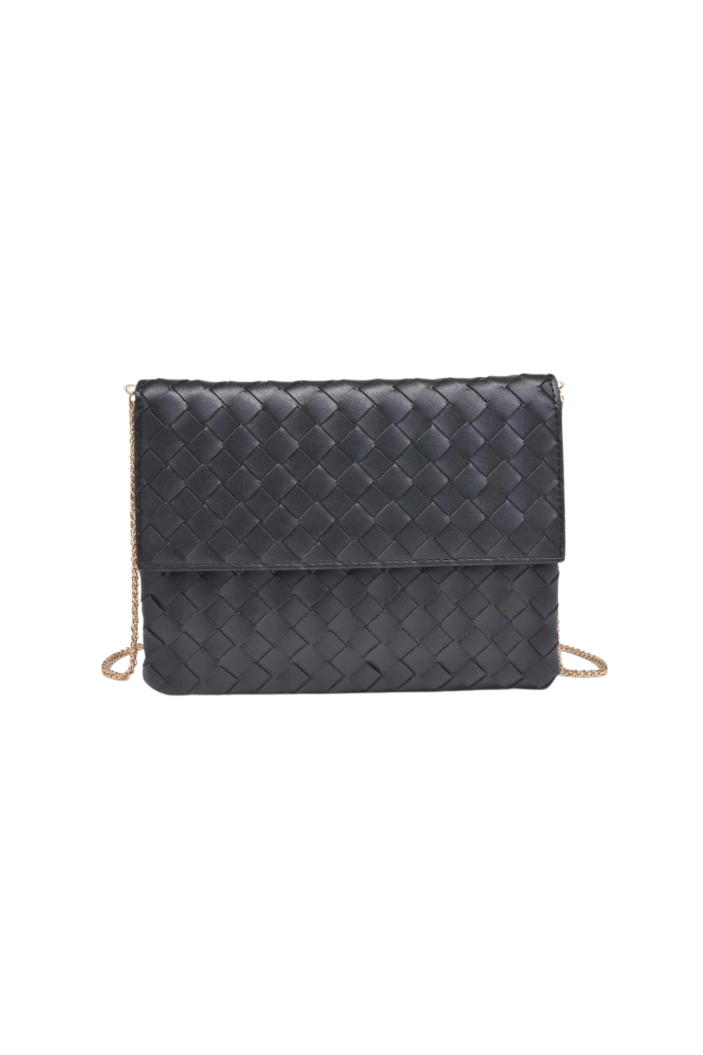 A black woven leather clutch bag with a gold chain strap, displayed against a solid white background.