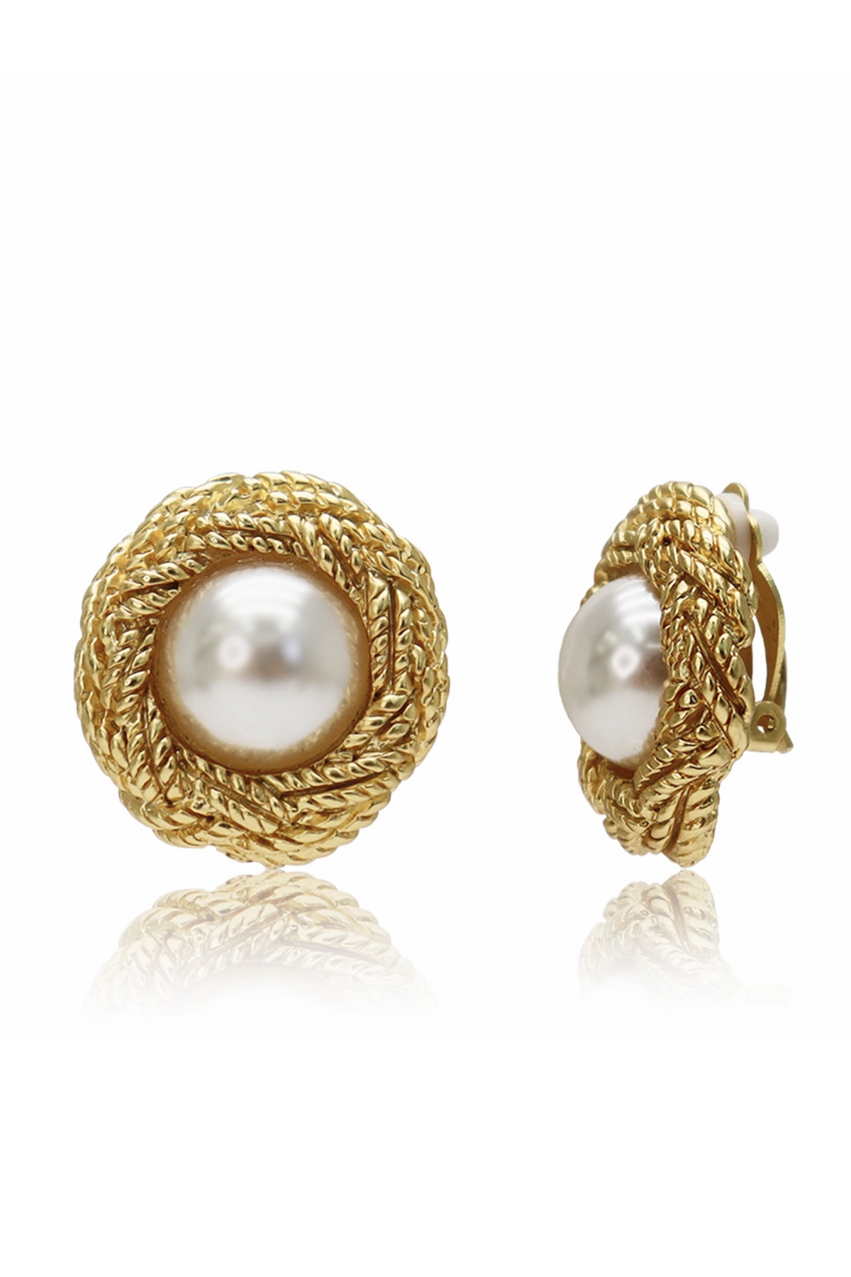 The Madame Clip-on Earrings - Gold with round woven gold frames and luminous pearl centers in a classic sophisticated design