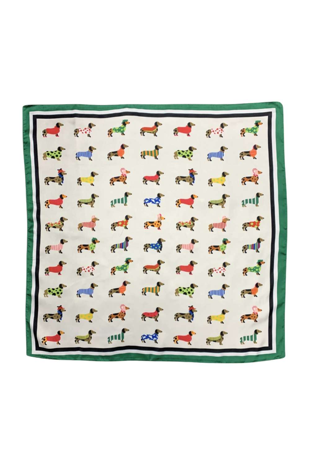 A square scarf featuring a green border and a repeating pattern of dachshund dogs wearing colorful sweaters on an off-white background.