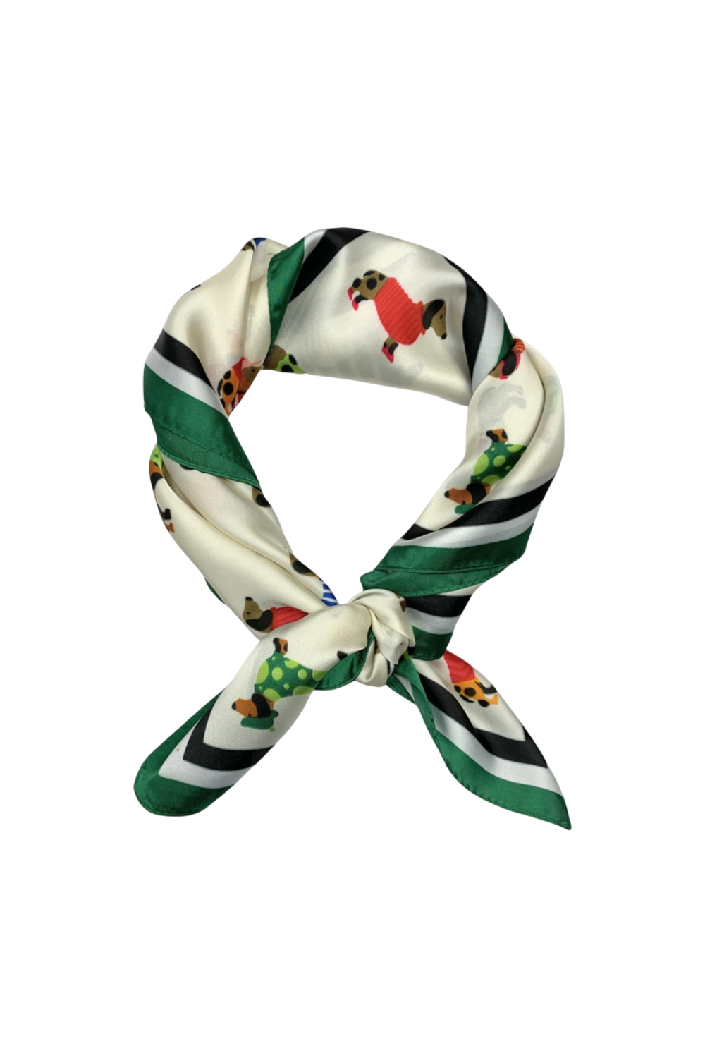 A silk scarf with a green and black chevron pattern, featuring small cartoon dog illustrations, tied in a loop on a white background.