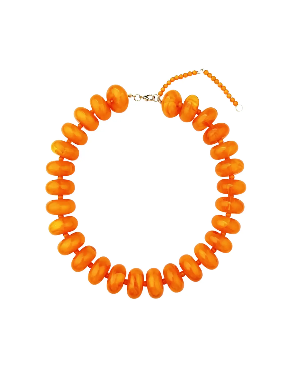The Bailey Chunky Beaded Necklace - Orange featuring chunky translucent orange beads and a delicate gold tone extender chain on a white background