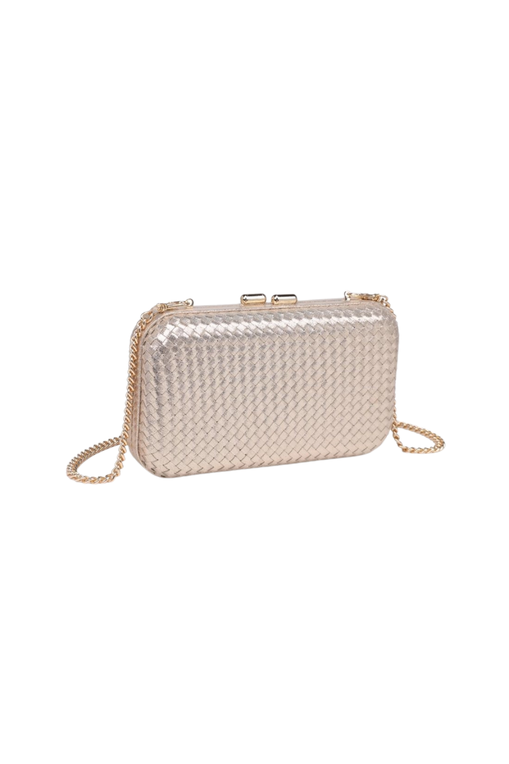A gold woven clutch bag with a gold chain strap and top clasp, shown on a plain white background.