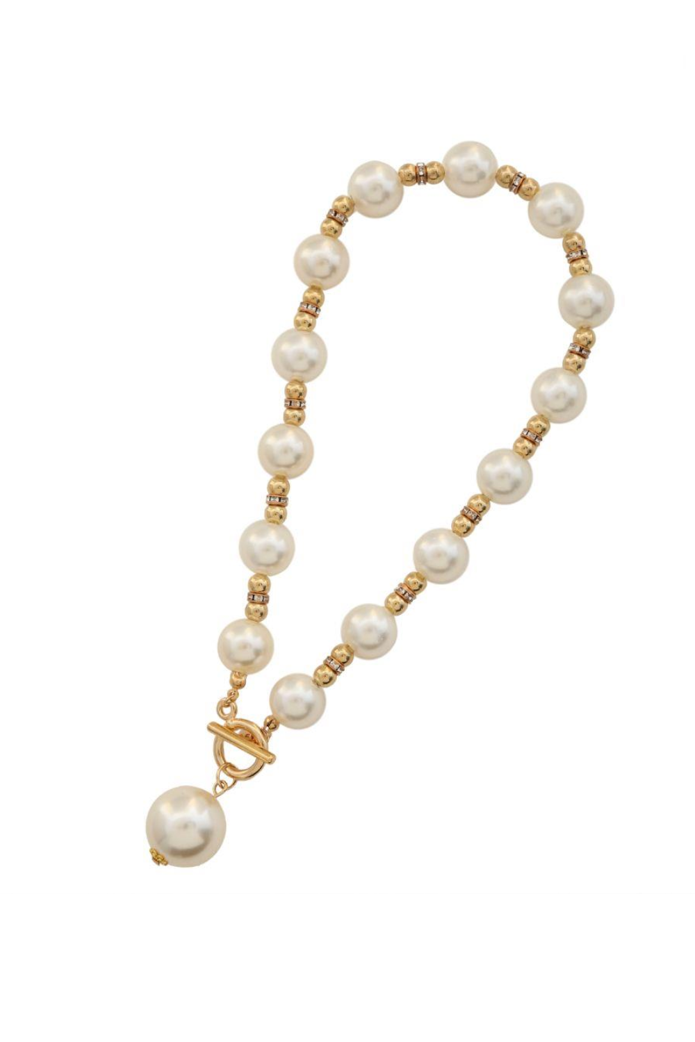 Pearl necklace with gold accents on a white background