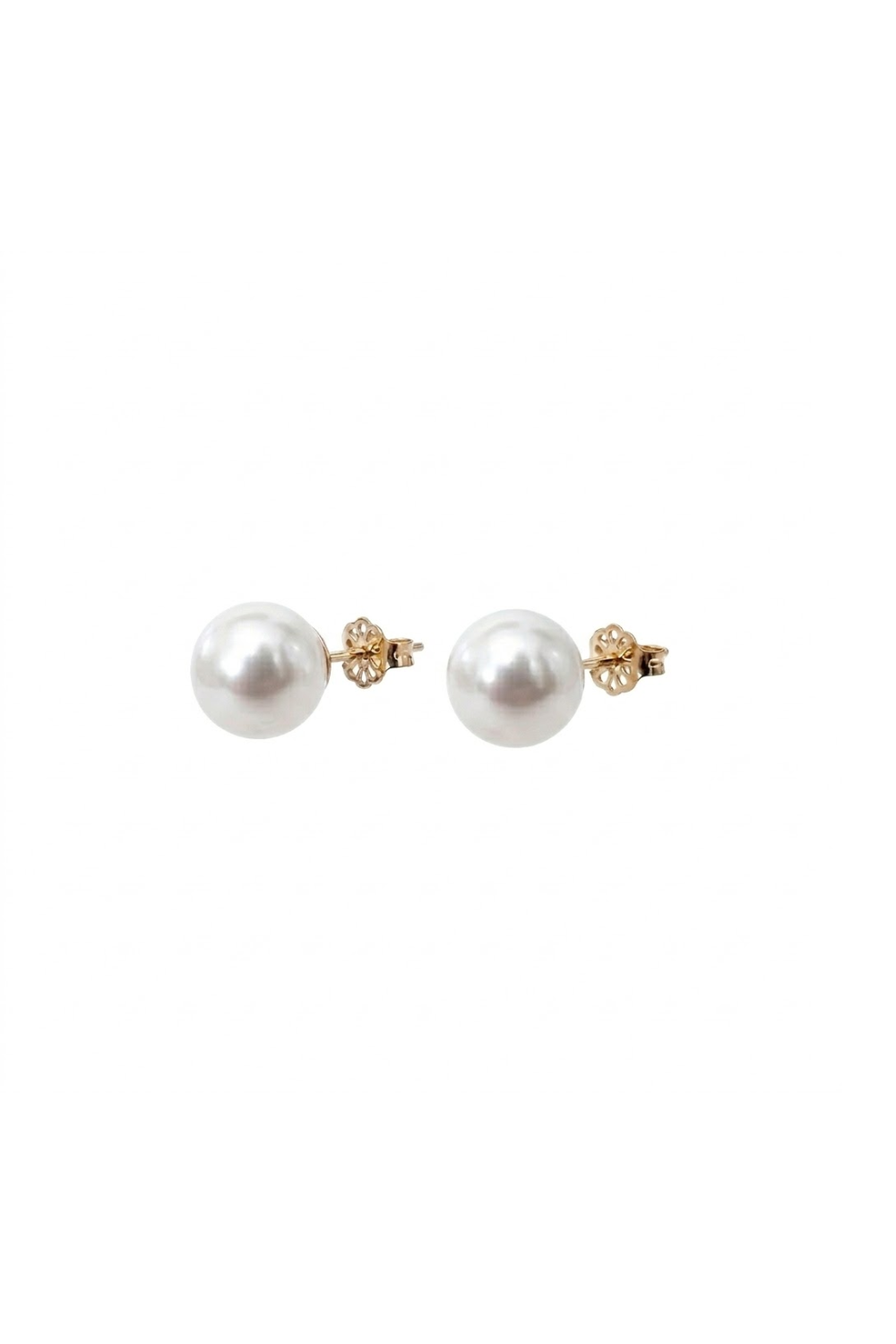 Pair of pearl earrings with rose gold posts on a white background