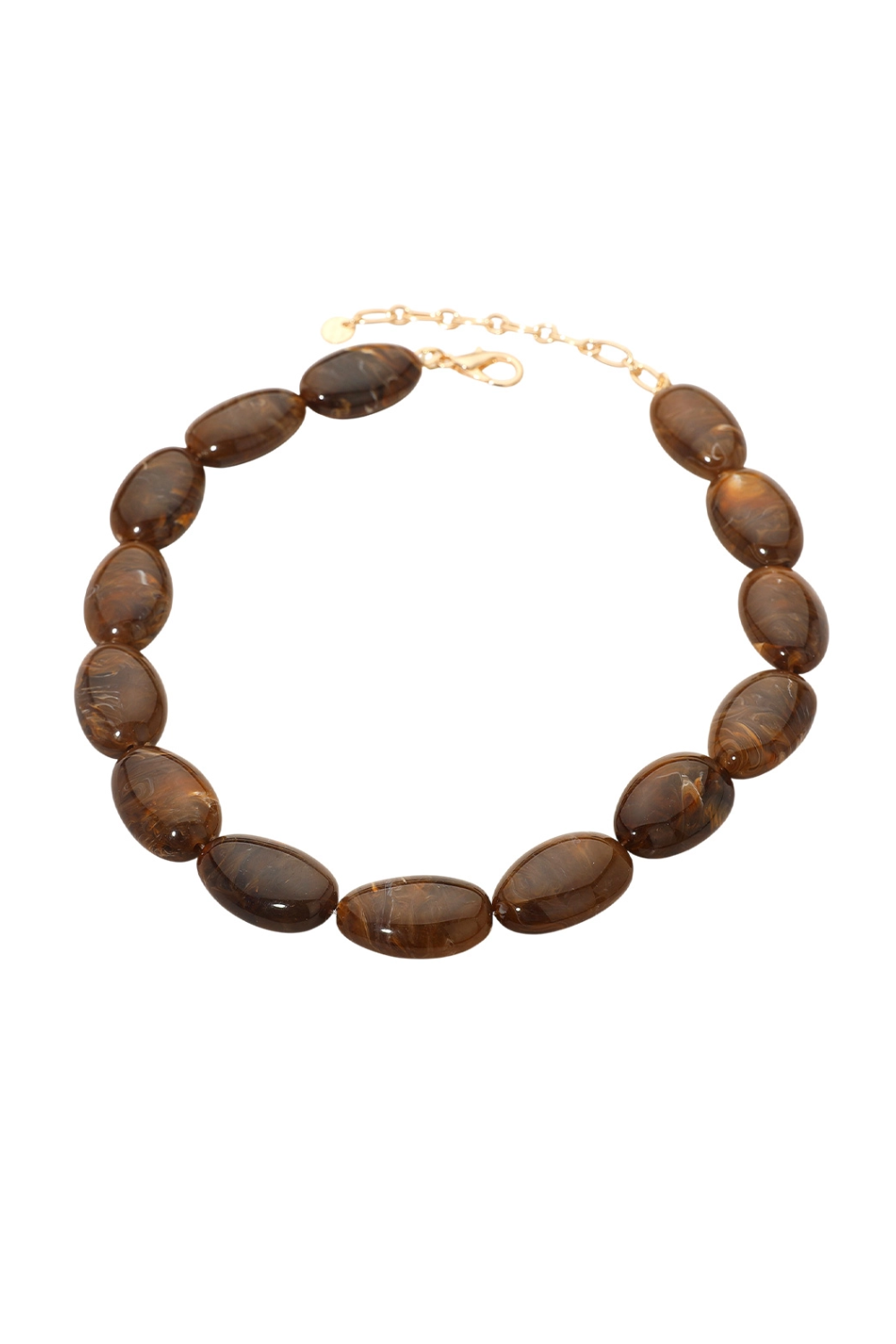 Brown beaded necklace on a white background