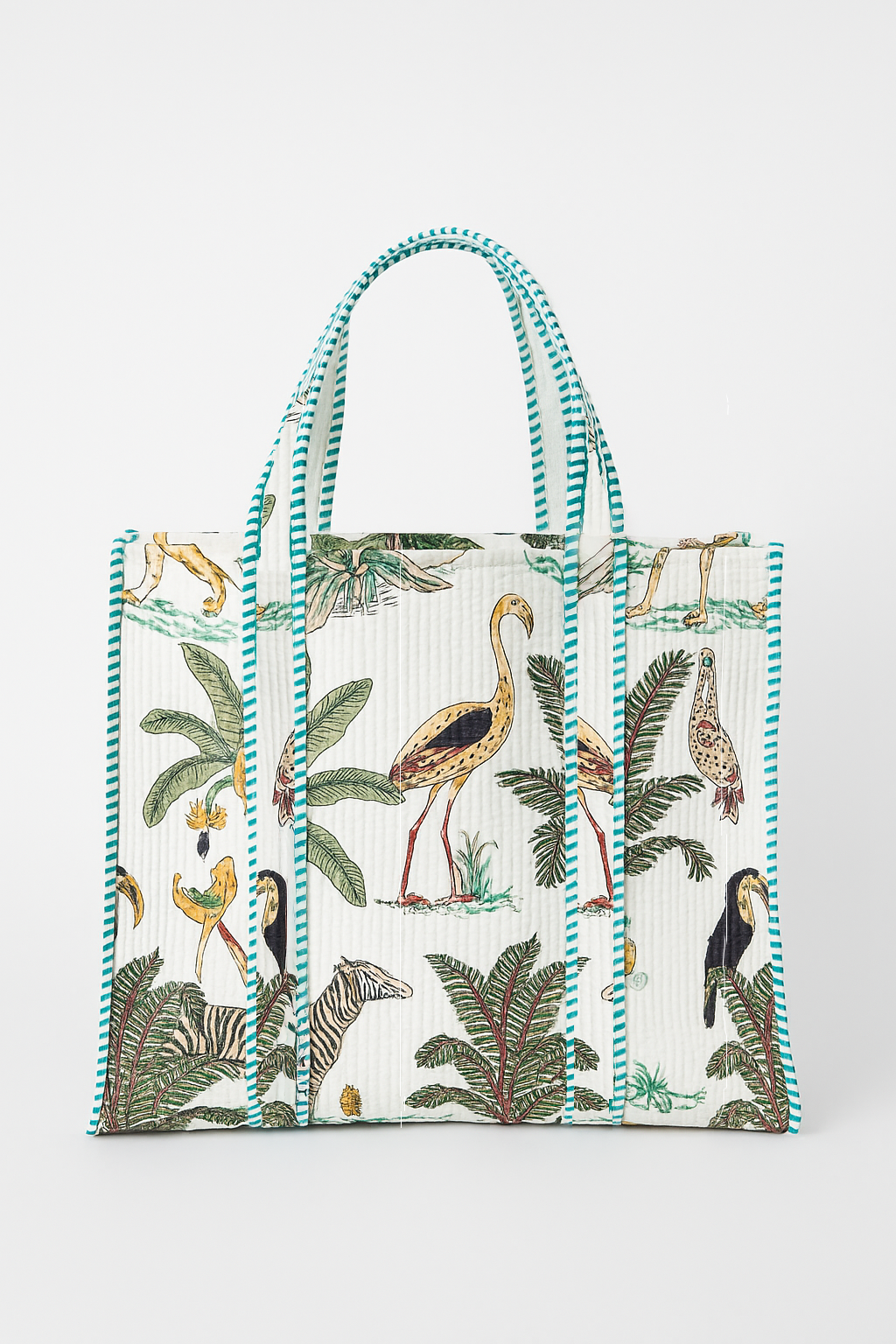 Tote bag with tropical animal design on a white background