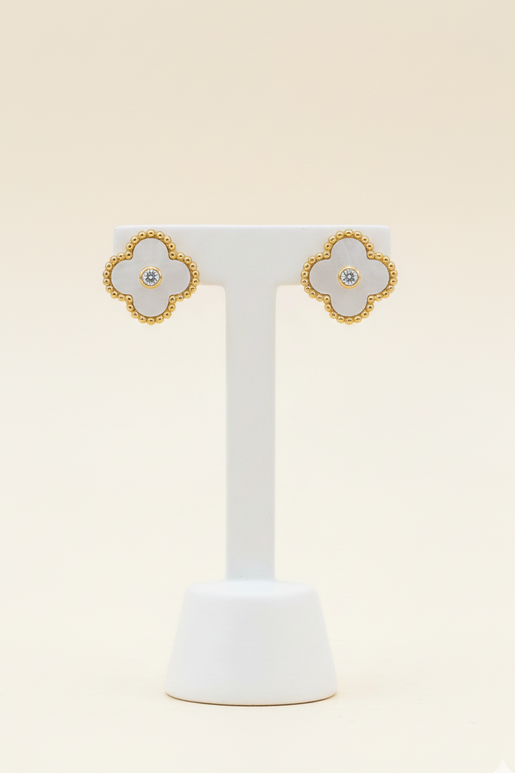 Photo of a par of black clover studs on an earring stand
