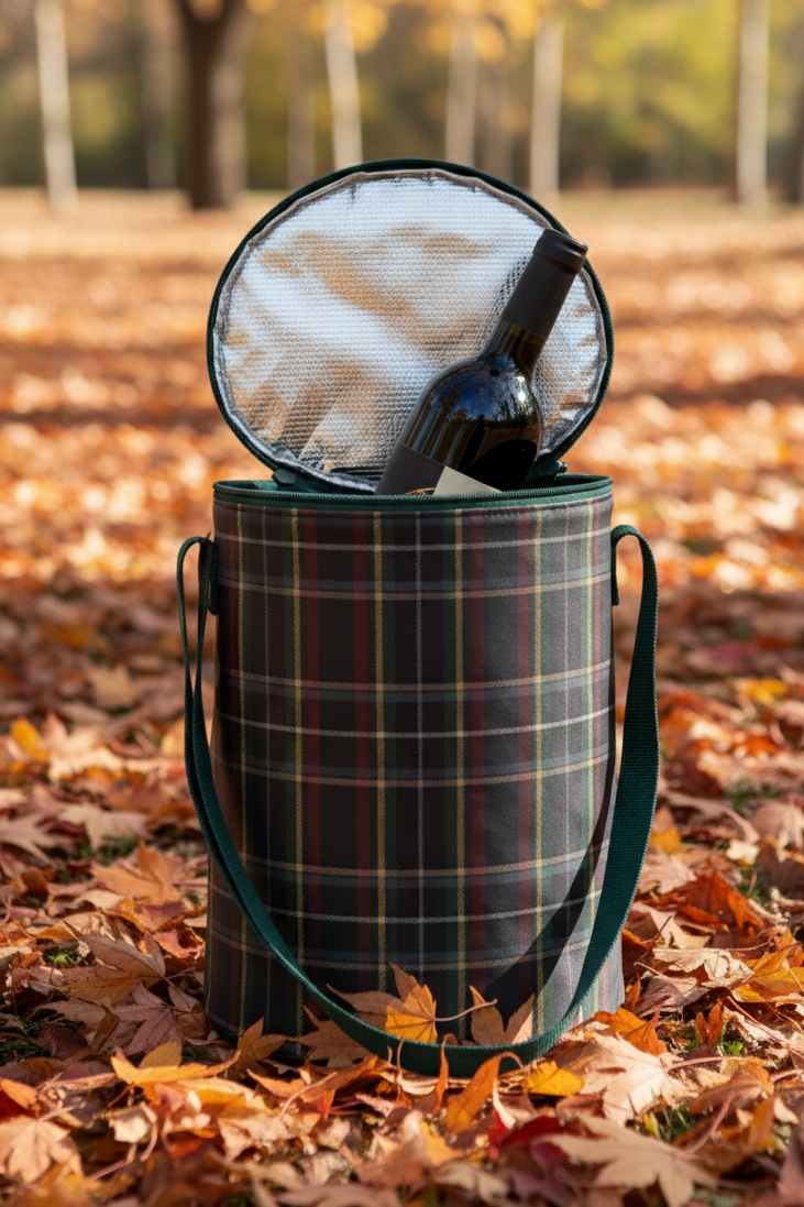 Plaid-patterned cooler bag with a black lid on a leaf-covered ground
