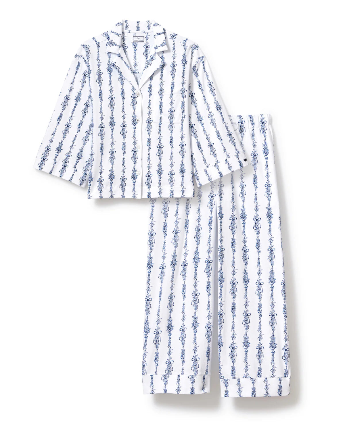 A two-piece pajama set featuring a long-sleeve button-up shirt and matching pants, both with vertical blue and white patterns, displayed on a clean white background.