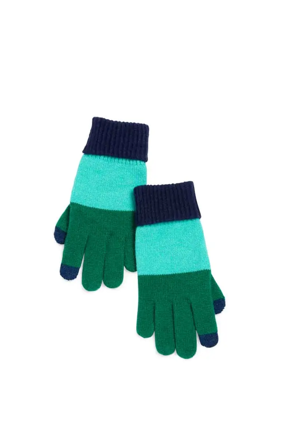 A pair of knit touchscreen gloves in green and teal with dark navy ribbed cuffs and fingertips, displayed on a clean white background.