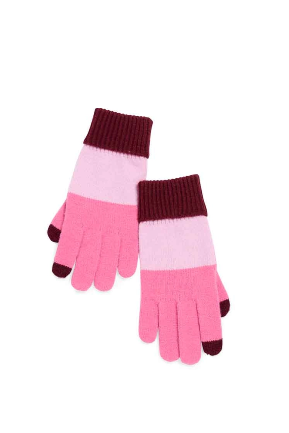 A pair of knit gloves in three color bands: a dark burgundy cuff, a light pink middle band, and a brighter pink lower band, with dark burgundy tips on the fingers and thumbs, shown on a plain white background.