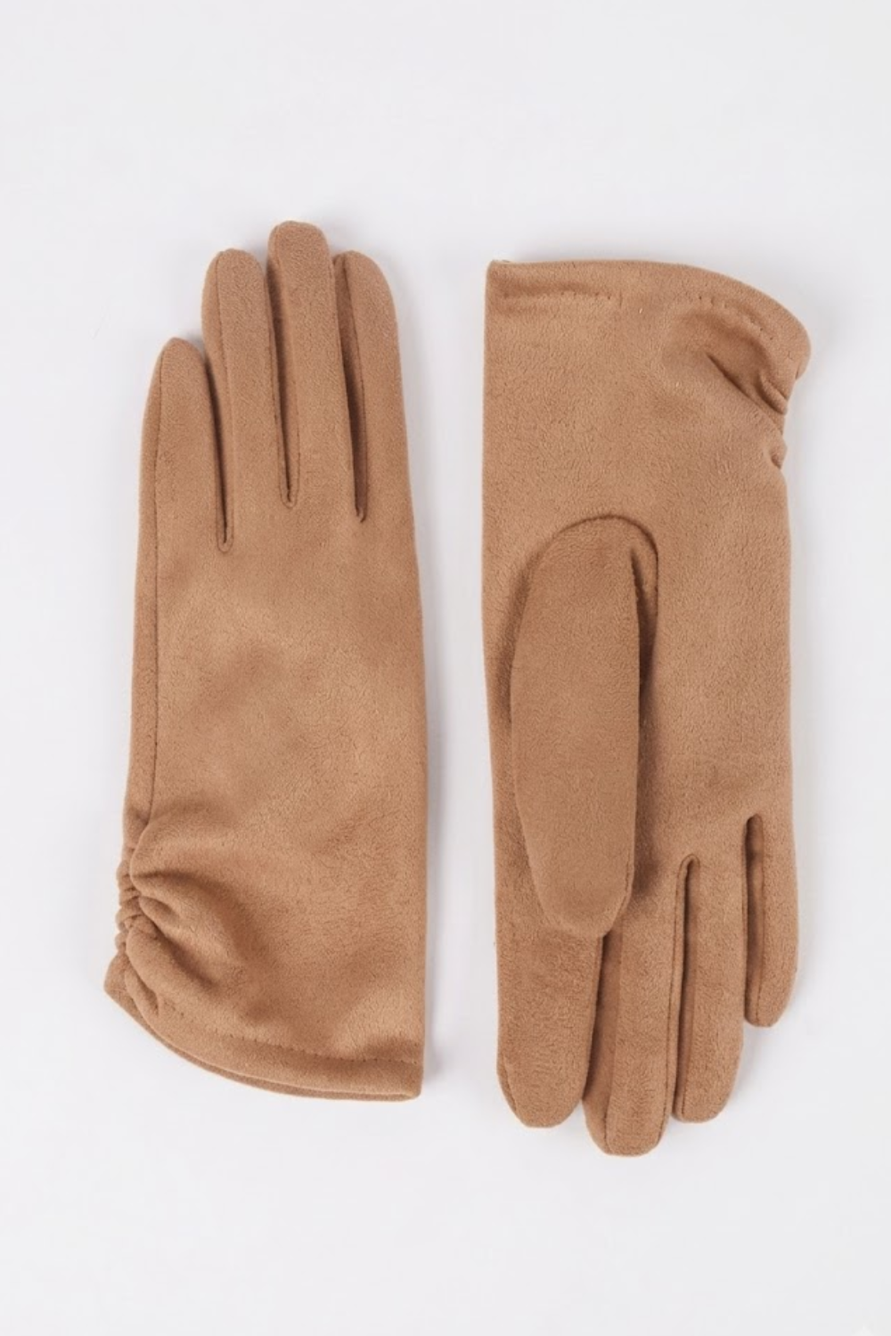 A pair of camel-colored leather gloves, one showing the back of the hand and the other showing the palm side, laid flat on a white background.