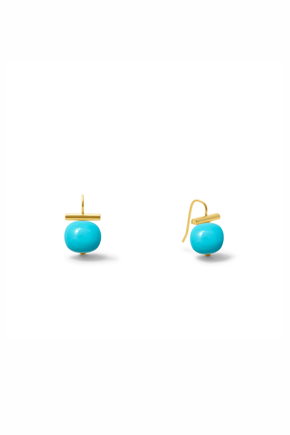 Pair of turquoise earrings with gold hooks on a white background