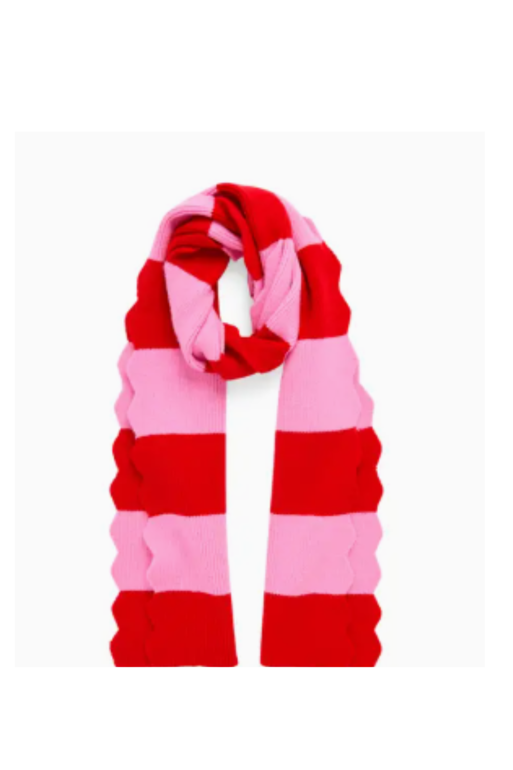 A knit scarf with alternating wide stripes of bright red and light pink, featuring a scalloped or ruffled edge, shown on a plain white background.