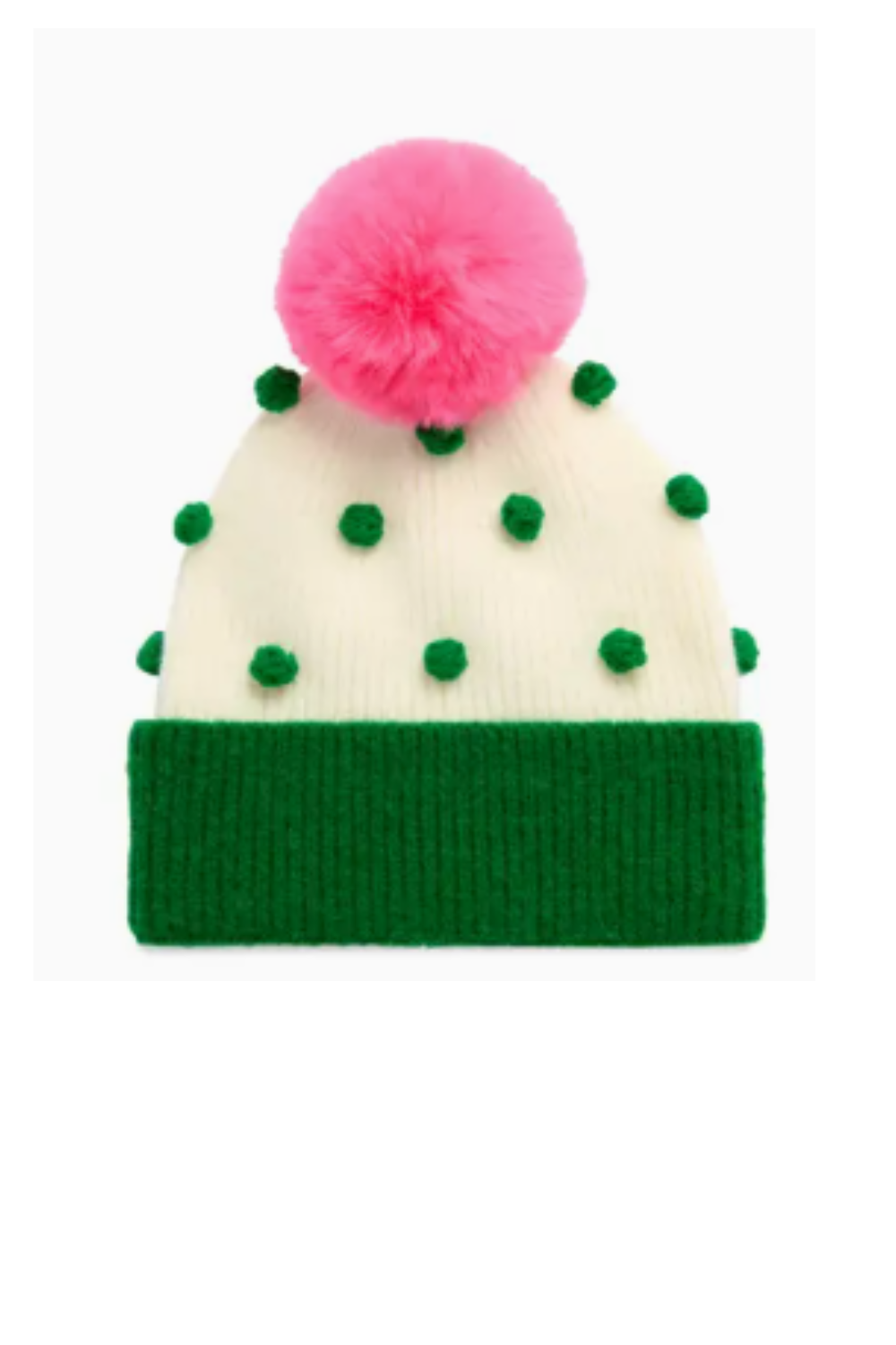 A knit beanie hat with a bright green ribbed cuff, a cream-colored crown decorated with green pom-poms, and a fluffy pink pom-pom on top, shown against a plain white background.