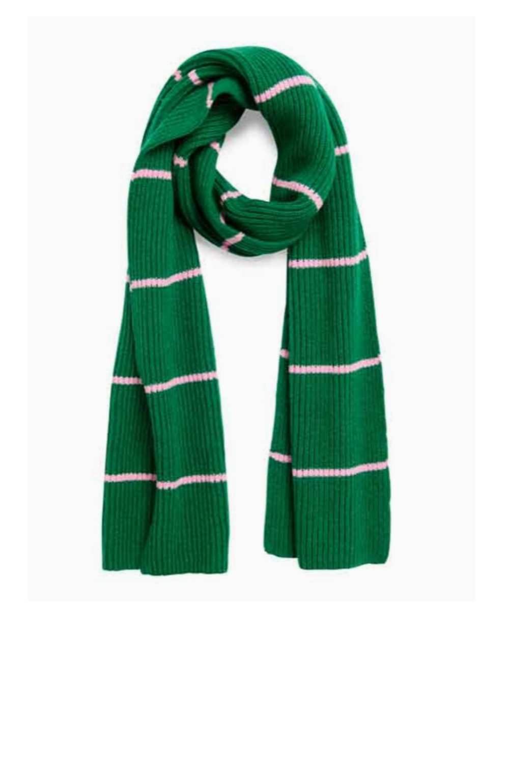 A green ribbed knit scarf with thin horizontal pink stripes, styled in a loop on a plain white background.