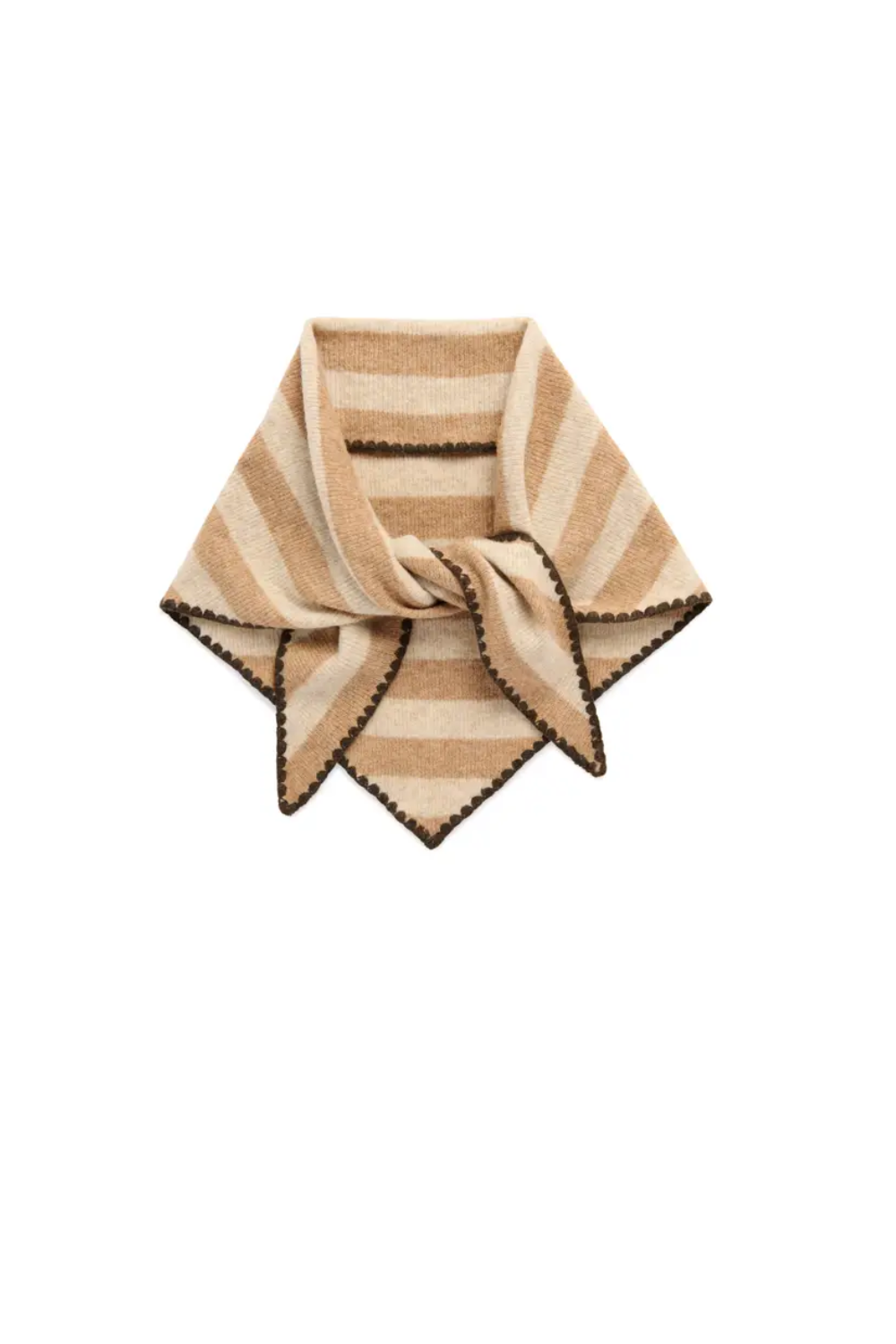 A beige and cream striped knit scarf with dark brown trim, styled in a knot on a solid white background.