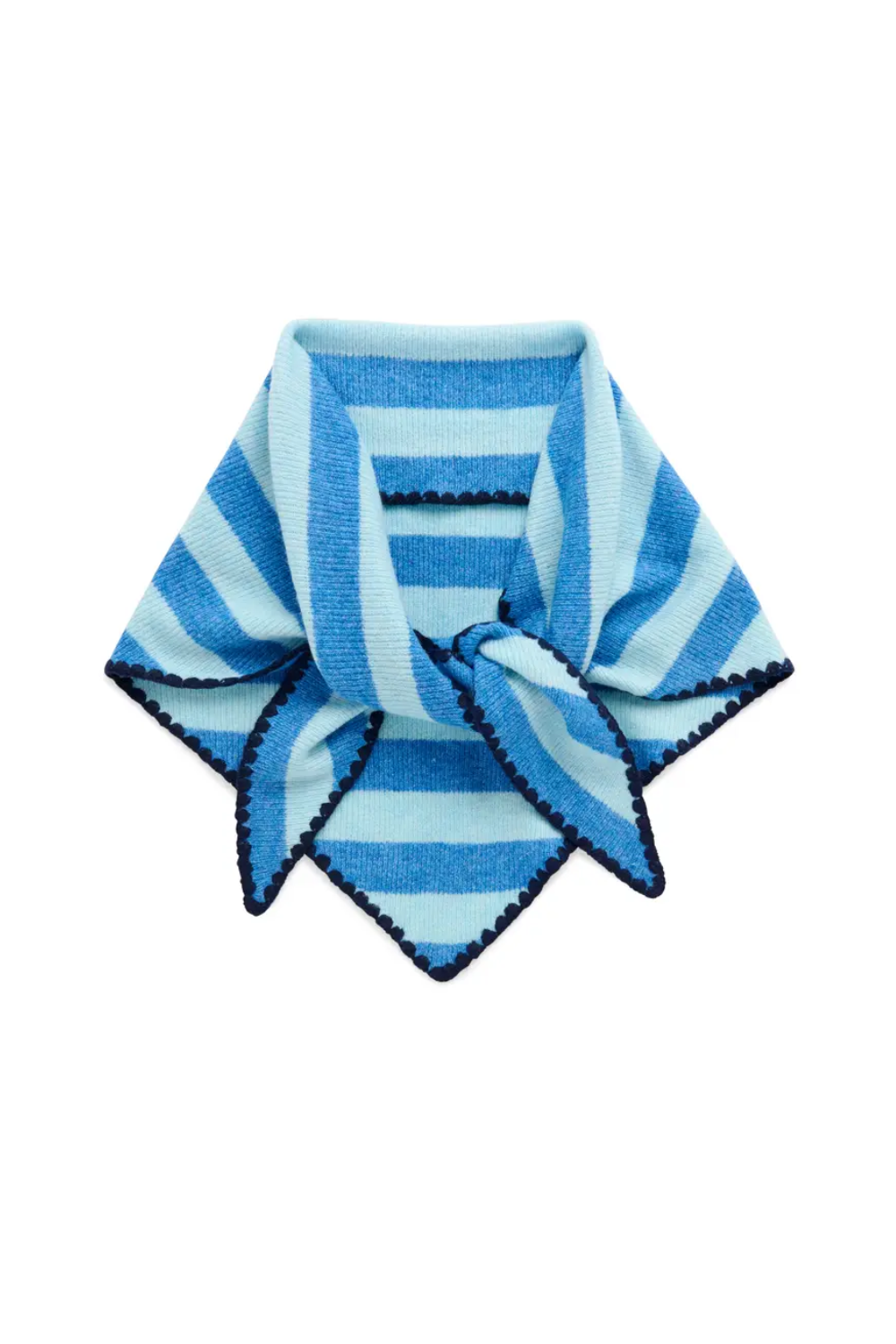 A folded striped knit scarf in shades of light blue and medium blue with a dark blue scalloped edge, tied in a knot on a white background.