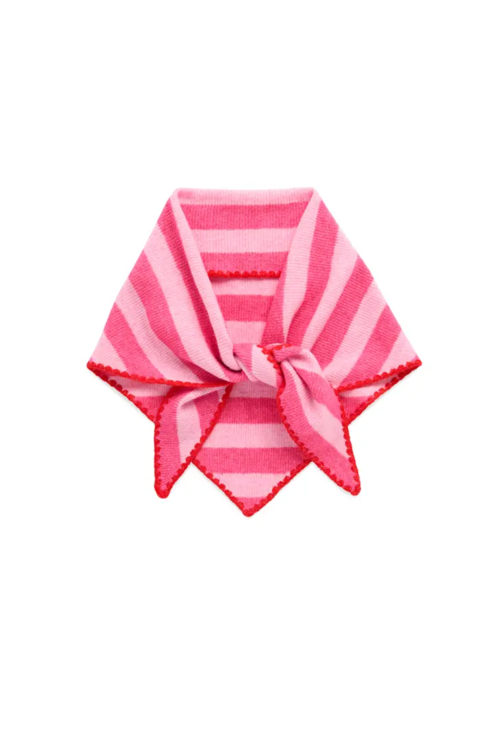 A pink and white striped knitted scarf tied in a bow, displayed flat against a solid white background.