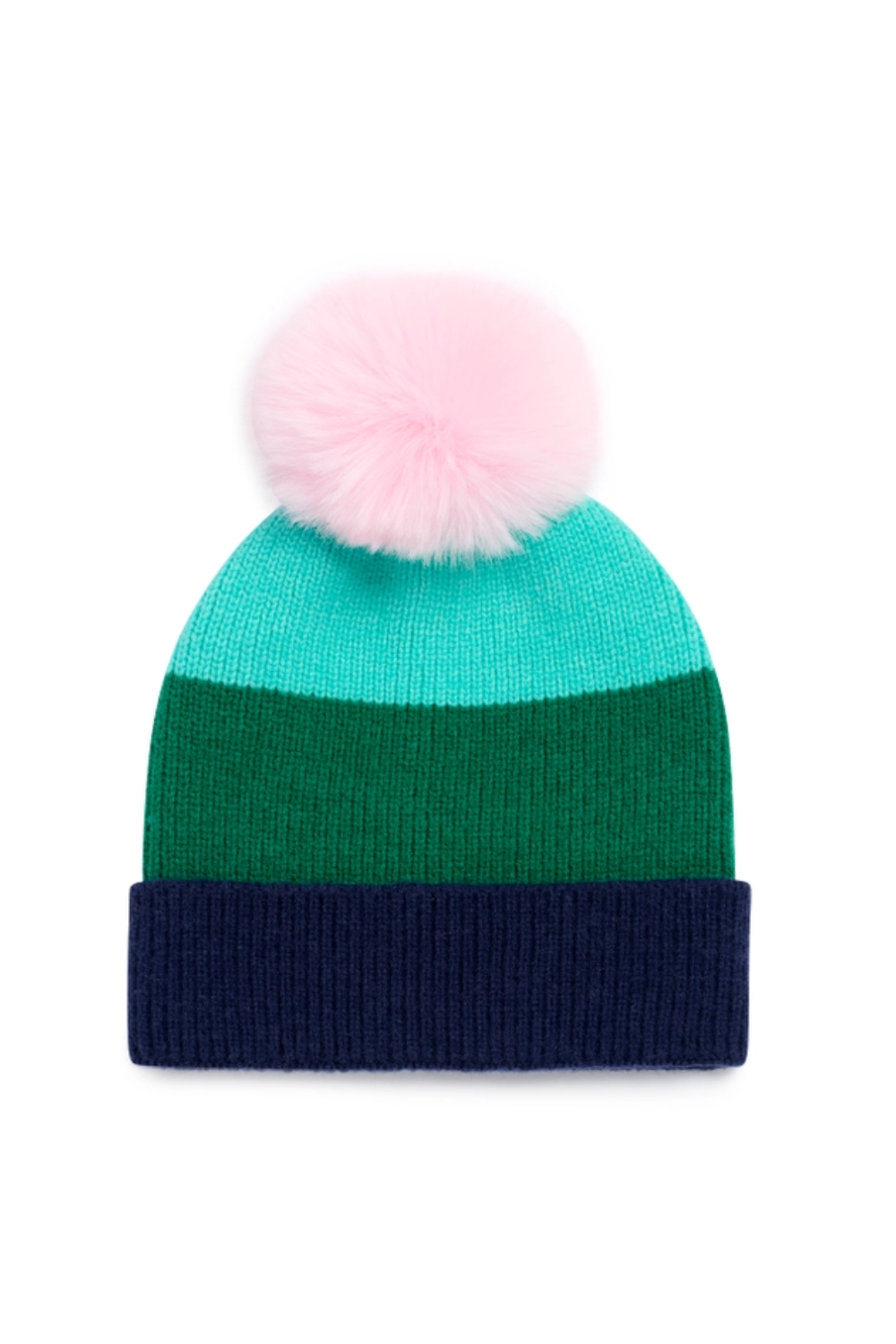 A striped knit beanie hat with a fluffy pom-pom, featuring horizontal bands of turquoise, dark green, and navy blue, topped with a light pink pom-pom on a white background.