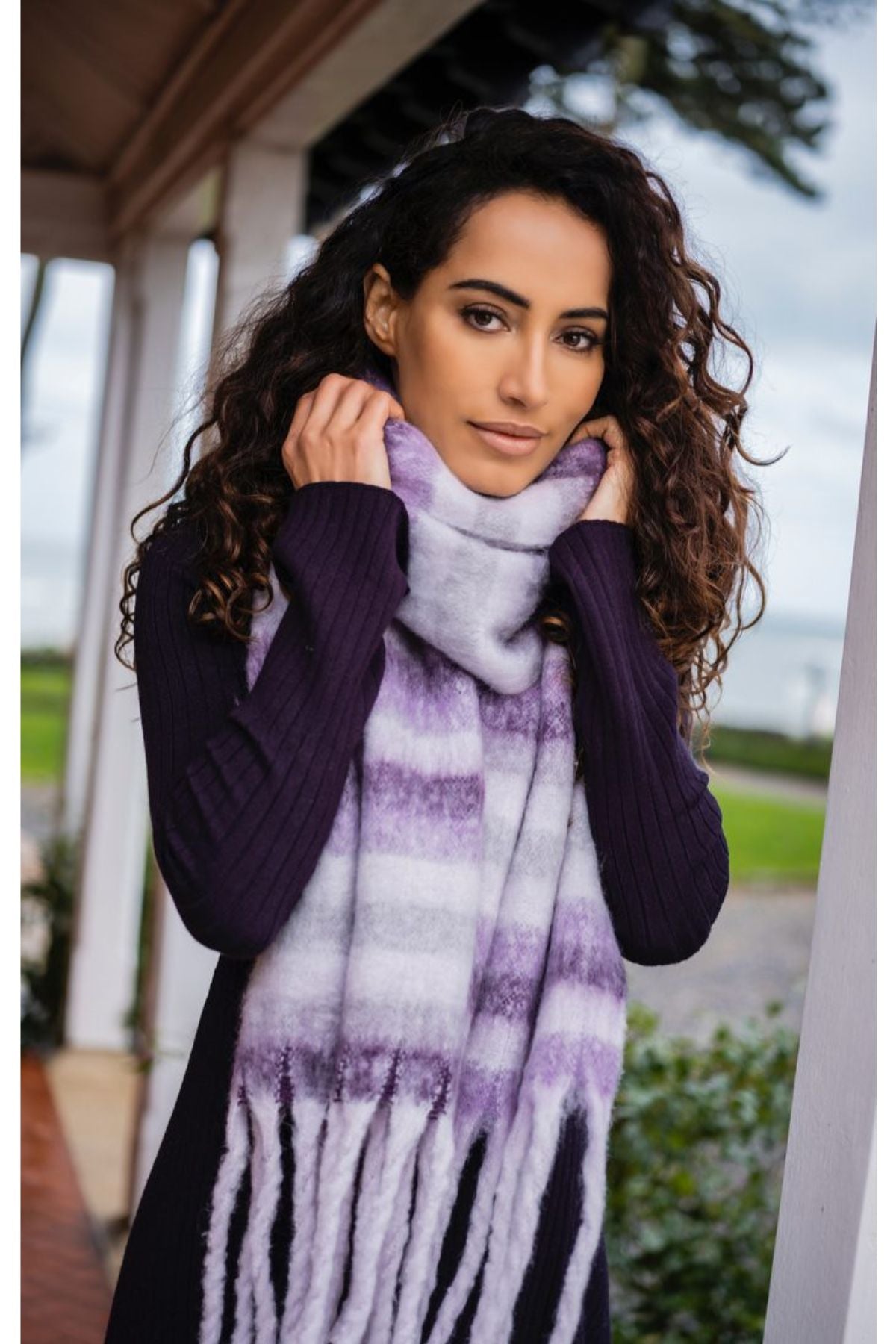 Woman in lilac scarf