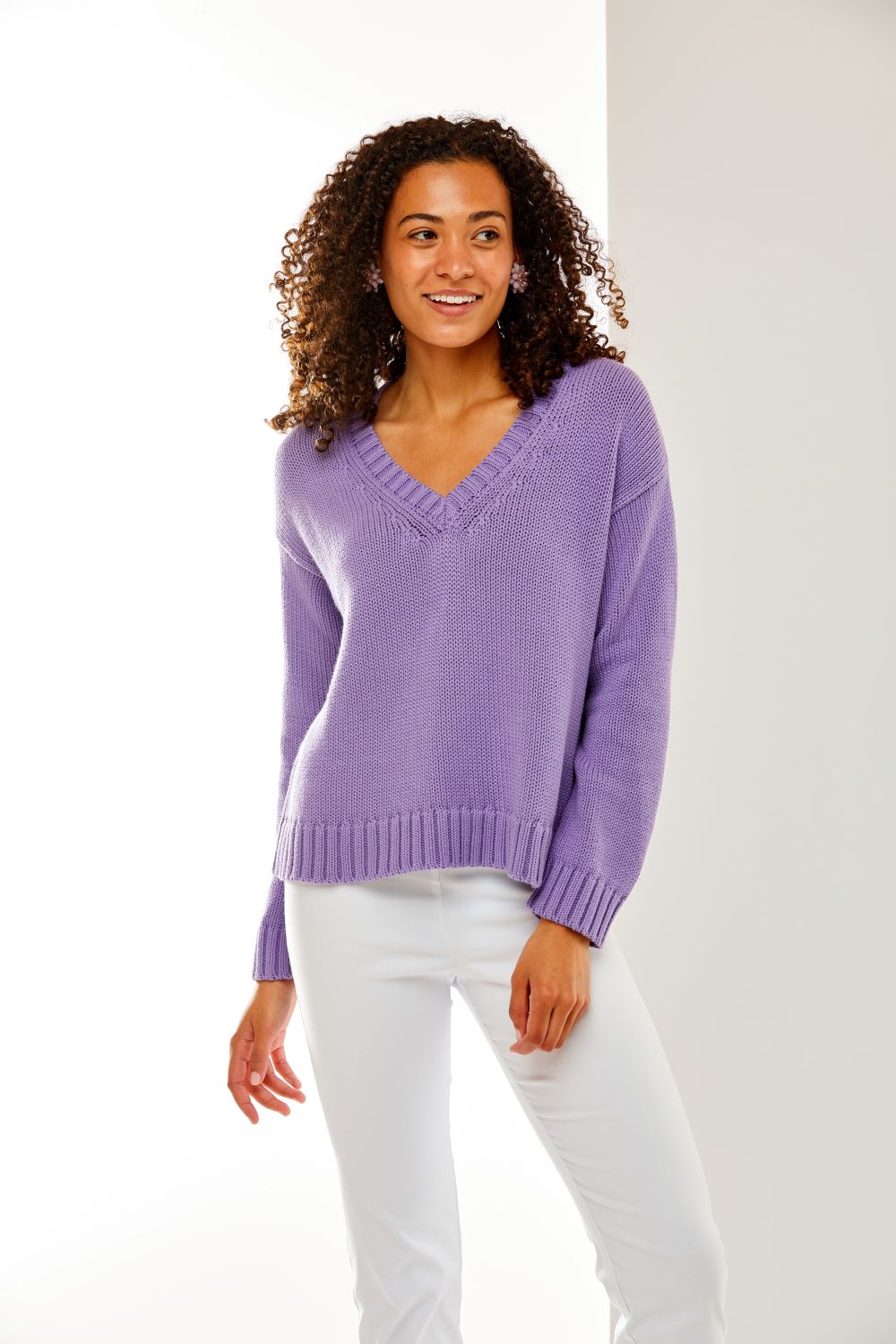 Woman in purple sweater