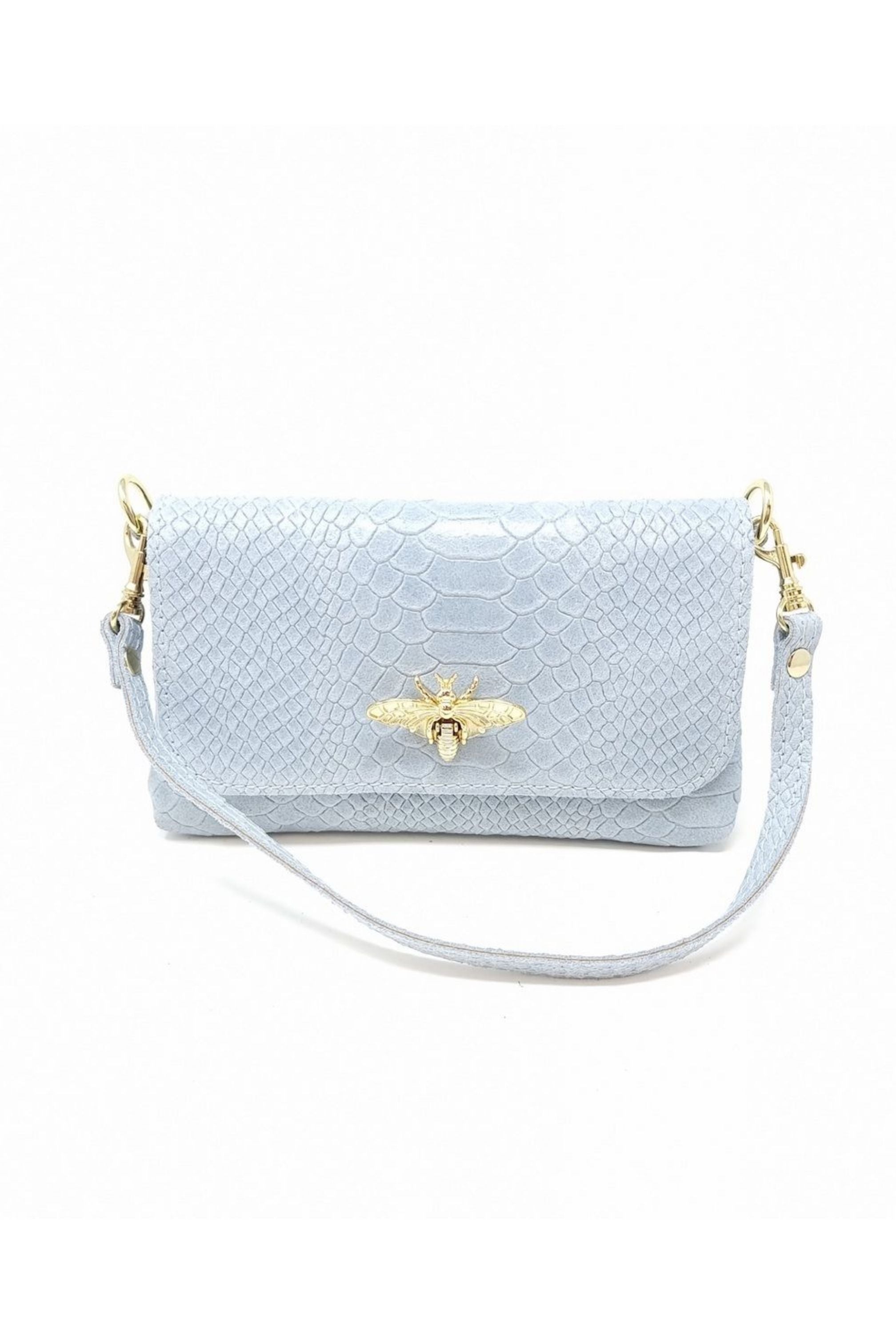 Baby blue handbag with bee embellishment