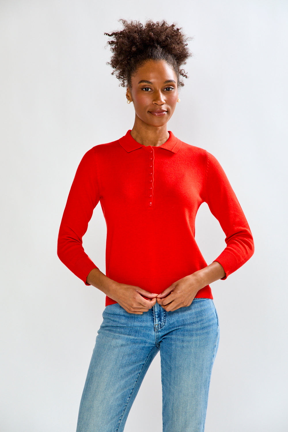 Woman wearing 3/4 Sleeve Henley Pullover