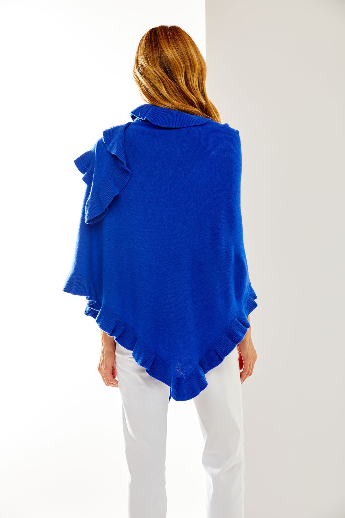 Marine Blue cashmere wrap with ruffle edge. Perfect for everyday wear and as a cocktail attire accessory