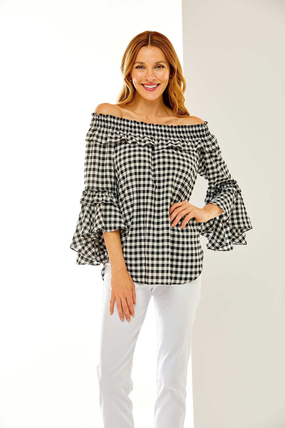 Woman in gingham blouse