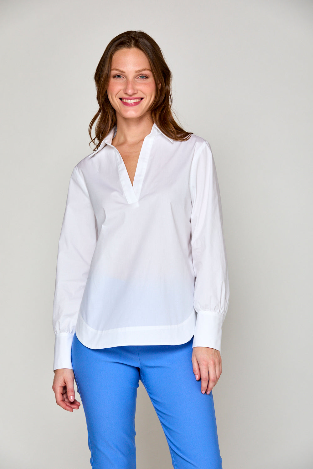 Woman in v neck collar shirt