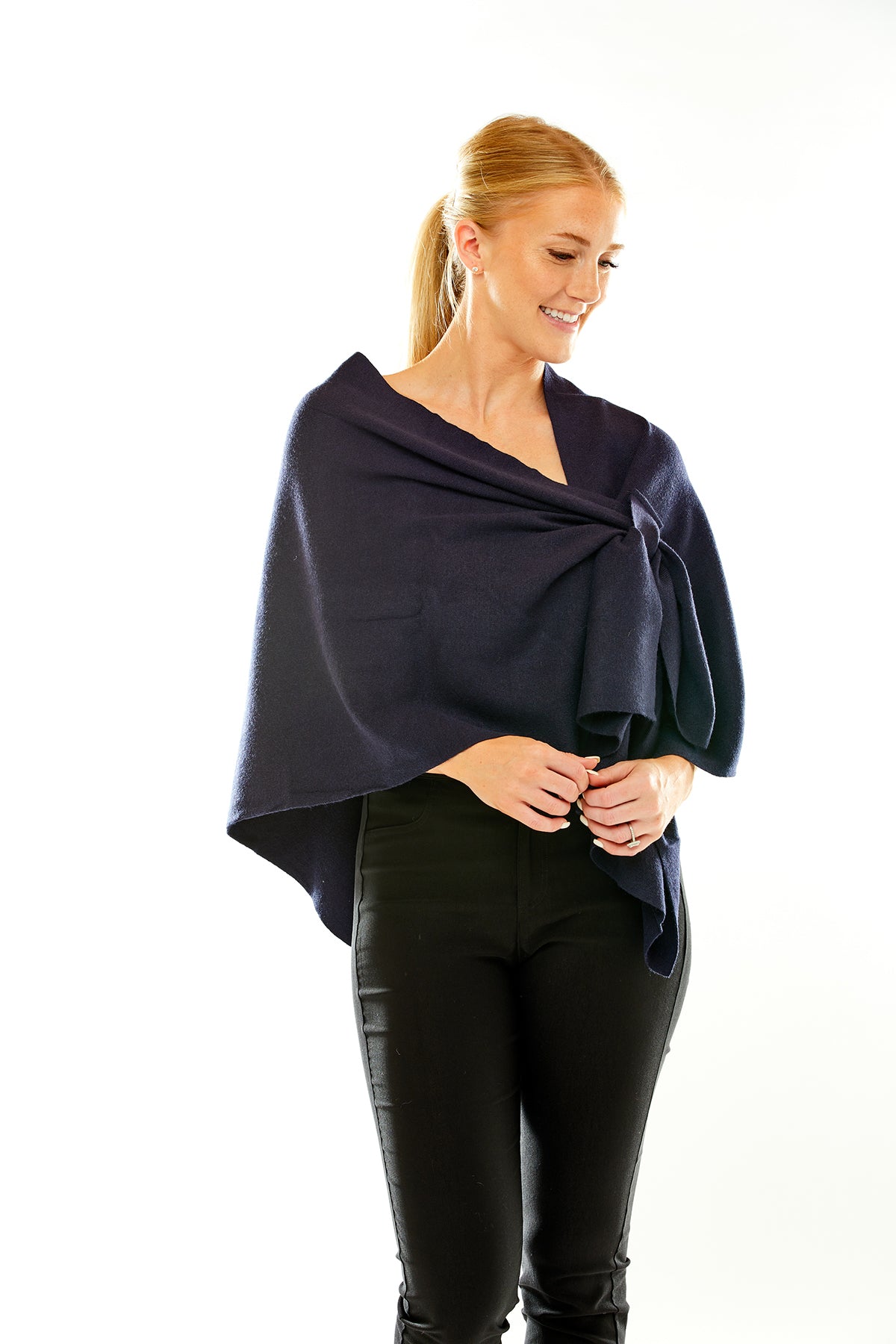 Woman in navy wrap