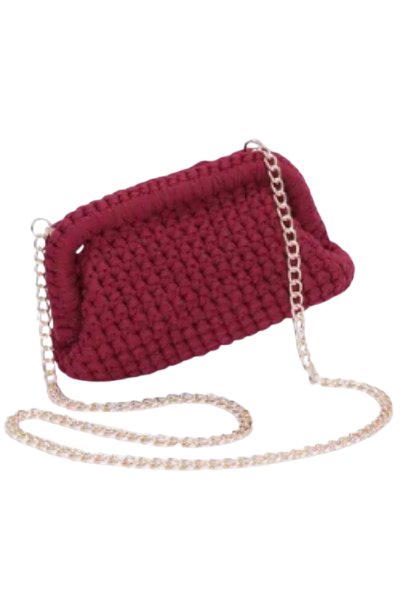 Red woven handbag with a chain strap on a white background