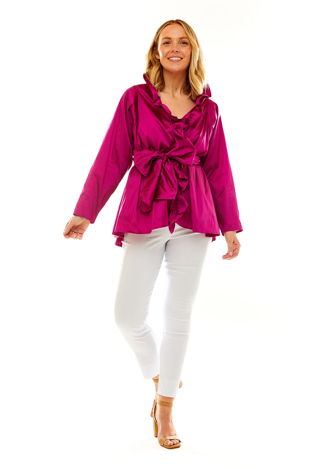 Woman in pink taffeta blouse